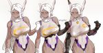  1girl absurdres animal_ears bare_shoulders boku_no_hero_academia breasts clenched_hand collared_leotard covered_abs covered_navel covered_nipples crescent_print cross cross_pasties dark-skinned_female dark_skin fur_collar gloves highleg highleg_leotard highres large_breasts leotard long_eyelashes long_hair looking_at_viewer maebari mechanical_arms mechanical_ears mirko multiple_views notched_ear park_ongjol parted_bangs parted_lips pasties progression rabbit_ears rabbit_girl red_eyes scar scar_on_face scar_on_leg see-through_clothes see-through_leotard short_hair simple_background single_mechanical_arm sleeveless_turtleneck_leotard taut_leotard thigh_gap thighs toned toned_female twitter_username very_long_hair white_background white_gloves white_hair white_leotard 