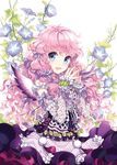  bad_id bad_pixiv_id blue_eyes bow detached_sleeves flower frills hair_bow hands_together long_hair looking_at_viewer morning_glory nardack open_mouth original own_hands_together pink_hair pom_pom_(clothes) ribbon smile solo steepled_fingers tassel upper_body wavy_hair wings 