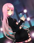  aqua_eyes bad_id bad_pixiv_id garter_straps long_hair looking_at_viewer looking_back megurine_luka microphone pink_hair project_diva_(series) project_diva_2nd skirt solo steak20 thighhighs vocaloid zettai_ryouiki 