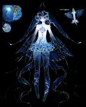  1girl black_background blue_eyes blue_hair colored_skin dress english_commentary extra_pupils fins fish flying_fish frilled_sleeves frills full_body highres looking_at_viewer monster_girl original personification reference_inset seashell see-through_body senmaze shell simple_background solo tentacle_hair white_skin 