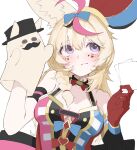  1girl 9tk9m animal_ears black_hair blonde_hair blue_bow bow breasts card closed_mouth commentary_request facial_mark fox_ears fox_girl gloves hand_puppet hat heart heart_facial_mark highres holding holding_card hololive jester_cap mark_under_eye medium_breasts multicolored_hair omaru_polka omaru_polka_(1st_costume) pink_hair playing_card puppet purple_eyes red_bow red_gloves simple_background solo spade_(shape) spade_facial_mark streaked_hair top_hat virtual_youtuber white_background x x_facial_mark zain_(omaru_polka) 