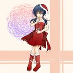  ayasaki_ruri bad_anatomy bare_shoulders black_hair blue_eyes boots bow breasts corpse_party dress finger_to_mouth gift hair_bobbles hair_ornament hat highres holding holding_gift knee_boots medium_breasts one_eye_closed santa_costume santa_hat shinozaki_ayumi solo twintails 