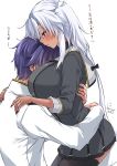  1boy 1girl absurdres admiral_(kancolle) between_breasts black_bow black_hair black_nails black_thighhighs blush bow breasts dark_skin dated dress from_side glasses grey_dress hair_bow head_between_breasts highres hug jewelry kantai_collection large_breasts long_hair mashiro_yukiya military_uniform musashi_(kancolle) musashi_kai_ni_(kancolle) naval_uniform ring signature thighhighs translation_request white_hair 