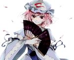  dual_wielding face fan folding_fan hat holding japanese_clothes obi pink_hair red_eyes ribbon saigyouji_yuyuko sash short_hair simple_background smile sofy solo touhou triangular_headpiece 