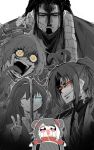  1girl 4boys bisected black_coat black_dress black_hair black_vest blue_eyes chibi china_dress chinese_clothes coat collared_shirt contempt_awe_(e.g.o) crazy_eyes double_bun dress e.g.o_(project_moon) earrings greyscale hair_bun hair_ornament high_ponytail highres hong_lu_(project_moon) jewelry jia_huan_(project_moon) jia_qiu_(project_moon) jia_xichun_(project_moon) kankan33333 limbus_company long_hair monochrome multiple_boys one_eye_closed pink_eyes ponytail project_moon red_eyes red_shrug robe shirt simple_background spot_color tongue tongue_out twintails vest white_background white_shirt xue_pan_(project_moon) yellow_eyes 
