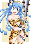  aizawa_chizuru animal_print blue_eyes blue_hair bridal_gauntlets club cosplay hat highres ikamusume kanabou long_hair lum lum_(cosplay) mamemaki mask oni rokushaku_neko setsubun shinryaku!_ikamusume solo tentacle_hair tiger_print urusei_yatsura weapon 