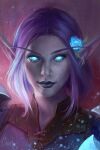  1girl absurdres blue_eyes blue_flower blue_sclera cher-ro colored_sclera colored_skin elf flower grey_skin hair_flower hair_ornament highres looking_at_viewer night_elf_(warcraft) pointy_ears portrait purple_hair scar scar_on_face short_hair signature solo warcraft world_of_warcraft 