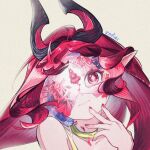  1girl arknights brown_background closed_mouth collarbone commentary english_commentary hand_up highres horns long_hair looking_at_viewer mask nail_polish nymph_(arknights) pointy_ears red_eyes red_hair red_nails signature simple_background smile solo upper_body zobnuy 