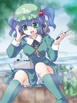  backpack bag blue_eyes blue_hair blush boots cucumber earphones hair_bobbles hair_ornament hat kawashiro_nitori key miomix open_mouth pliers screwdriver short_hair sitting skirt smile solo touhou two_side_up weather_vane wrench 