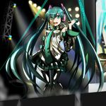  aqua_eyes aqua_hair bad_id bad_pixiv_id detached_sleeves fushichou hatsune_miku long_hair microphone open_mouth skirt smile solo stage thighhighs twintails very_long_hair vocaloid 