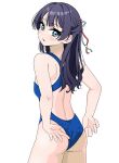  1girl adjusting_clothes adjusting_swimsuit ass bare_shoulders blue_eyes blue_one-piece_swimsuit blue_ribbon blush braid breasts commentary_request competition_swimsuit cowboy_shot hair_ribbon half_up_braid half_updo highres link!_like!_love_live! llkapital looking_at_viewer looking_back love_live! median_furrow murano_sayaka murano_sayaka_(swimsuit) official_alternate_costume one-piece_swimsuit parted_lips purple_hair racerback red_ribbon ribbon simple_background small_breasts solo standing swimsuit virtual_youtuber white_background 