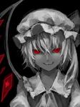  fangs flandre_scarlet hat monochrome red_eyes shionty side_ponytail solo spot_color touhou wings 
