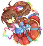 1girl breasts brown_hair commentary_request dress green_eyes hat iris_(mega_man) long_hair medium_breasts mega_man_(series) mega_man_x4 mega_man_x_(series) open_mouth ponytail rento_(rukeai) robot solo