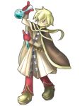  1boy 2000s_(style) alchemist_(ragnarok_online) artist_request bad_id blonde_hair brown_cape brown_coat brown_shoes cape closed_mouth coat expressionless flask full_body glasses gloves holding holding_vial long_sleeves looking_at_viewer lowres male_focus official_art pants pince-nez potion ragnarok_online red_gloves red_pants round-bottom_flask shoes short_hair simple_background solo standing vial white_background yellow_eyes 