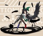  alternate_weapon arm_cannon black_hair black_legwear black_wings breasts caution elbow_gloves feathers gloves gmot hair_ribbon highres large_breasts long_hair radiation_symbol red_eyes reiuji_utsuho ribbon sideboob solo thighhighs touhou weapon wings 