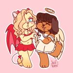 american_shorthair angel anthro anthrofied blonde_hair blush bottomwear bra breasts brooklyn_hayes brown_hair canid canine canis cleavage clothed clothing dachshund demon domestic_cat domestic_dog dress duo felid feline felis female floppy_ears hair hasbro hi_res hunting_dog littlest_pet_shop littlest_pet_shop:_popular lps_339 lps_675 mammal nullkunstt savannah_reed skirt smile standing underwear wings