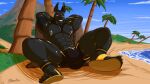 2025 absurd_res anthro anubian_jackal artist_name balls_outline beach biceps big_bulge biped black_body black_eyebrows black_markings black_nose bulge canid canine canis claws clothed clothing cloud colored detailed_bulge digital_drawing_(artwork) digital_media_(artwork) english_text eye_markings eyebrows footwear genital_outline grey_nipples hi_res jackal khayen light looking_at_viewer lying lying_on_ground male mammal markings mountain muscular muscular_anthro muscular_male muscular_thighs nipple_piercing nipples on_back on_ground outside palm_tree penis_outline piercing plant presenting presenting_bulge sand sandals shoes signature simple_background skimpy sky smile smiling_at_viewer smirk smirking_at_viewer solo sunlight swimwear teeth text thick_thighs tight_clothing tight_swimwear tight_underwear toe_claws topless topless_anthro topless_male tree triceps underwear underwear_only water yellow_clothing yellow_eyes yellow_footwear yellow_markings yellow_sandals yellow_toe_claws