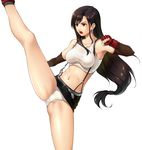  akamaru bad_id bad_pixiv_id black_hair black_skirt breasts cameltoe crop_top earrings final_fantasy final_fantasy_vii fingerless_gloves flexible gloves high_kick highres impossible_clothes impossible_shirt jewelry kicking leg_up legs long_hair long_legs low-tied_long_hair medium_breasts midriff miniskirt navel open_mouth panties pantyshot pantyshot_(kicking) pantyshot_(standing) pencil_skirt red_eyes shiny shiny_skin shirt simple_background skirt skirt_lift solo split standing standing_on_one_leg standing_split suspender_skirt suspenders taut_clothes taut_shirt thighs tifa_lockhart underwear white_panties white_shirt 