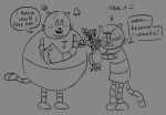 2025 anthro big_jim_(dog_man) biped blush clothed clothing dialogue dog_man_(series) domestic_cat duo english_text eyes_closed eyewear felid feline felis flower glasses grampa_(dog_man) hi_res male mammal monochrome ohmeowgerd overweight plant simple_background standing text