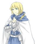  armor arthur_pendragon_(fate) biaji blonde_hair blue_eyes cape fate/prototype fate/stay_night fate_(series) faulds gauntlets genderswap genderswap_(mtf) hand_on_own_chest ponytail short_ponytail solo 