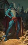 abdominal_muscles anthro armor blue_body blue_scales cape character claws clothing day defender draconid dragon fantasy feet fist guarding heroic horn knight legs levsha male medieval medieval_clothing melee_weapon muscular mythological_creature mythological_scalie mythology noble outside pecs pose powerful regal reptile rugged_setting scales scalie sentinel serious solo standing staring_forward stoic stone_path sword tail village warrior weapon wings