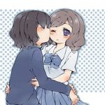  1girl bad_id bad_pixiv_id blush braid brown_hair cheek_kiss closed_eyes f_ugiiii inazuma_eleven_(series) inazuma_eleven_go kiss long_hair purple_eyes ribbon school_uniform shindou_takuto short_hair twin_braids yamana_akane 