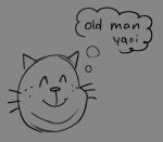 2025 big_jim_(dog_man) biped dog_man_(series) domestic_cat english_text eyes_closed felid feline felis mammal monochrome ohmeowgerd simple_background smile solo text