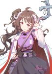 1girl absurdres ahoge animal_ears arknights arm_up bell black_skirt brown_hair closed_mouth collared_shirt commentary_request detached_sleeves eyjafjalla_(arknights) eyjafjalla_the_hvit_aska_(arknights) highres holding holding_staff horns jacket jacket_on_shoulders light_smile long_hair long_sleeves looking_at_viewer one_side_up pleated_skirt puffy_long_sleeves puffy_sleeves purple_shirt quietmrcat red_eyes sheep_ears sheep_girl sheep_horns shirt signature simple_background skirt solo staff very_long_hair white_background white_jacket white_sleeves 