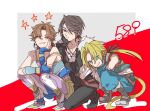  3boys bare_shoulders bartz_klauser black_gloves black_jacket black_pants blonde_hair blue_eyes blue_pants blue_vest boots brown_hair commentary elbow_rest final_fantasy final_fantasy_ix final_fantasy_v final_fantasy_viii full_body fur-trimmed_jacket fur_trim gloves grin hand_on_own_cheek hand_on_own_face head_rest in-franchise_crossover jacket looking_at_viewer low_ponytail male_focus monkey_tail multiple_boys one_eye_closed open_clothes open_jacket oshibainoticket pants parted_bangs ponytail scar scar_on_face shirt short_hair smile squall_leonhart squatting star_(symbol) tail vest white_shirt zidane_tribal 