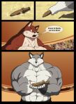 2018 abs anthro arena big_muscles bottomwear bruised_eye canid canine canis clothing comic digital_media_(artwork) duo fox fur gladiator grey_body grey_fur hi_res huge_muscles kraso_(xxsparcoxx) male mammal melee_weapon multicolored_body multicolored_fur muscular muscular_anthro muscular_male open_mouth pecs red_body red_fox red_fur spanish_text speech_bubble sword teofacio_larna text true_fox two_tone_body two_tone_fur warrior weapon whiskers white_body white_fur wolf wooden_sword wounded xxsparcoxx