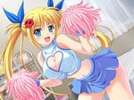  :d blonde_hair blue_eyes breasts cheerleader chokotto!_fandisk_2 cleavage cleavage_cutout covered_nipples fang game_cg gratin_(eroge) hair_ornament happy heart heart_cutout large_breasts long_hair midriff oguri_suzume open_mouth pom_poms skirt smile solo twintails 