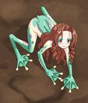  aerith_gainsborough all_fours blush branzent brown_hair drill_hair embarrassed final_fantasy final_fantasy_vii frog frog_girl long_hair looking_at_viewer lowres monster_girl nude red_eyes sidelocks solo transformation 