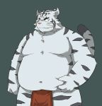  2011 anthro belly blue_eyes clothing felid fundoshi fur humanoid_hands japanese_clothing kui male mammal navel overweight overweight_male pantherine simple_background solo tiger underwear white_fur 