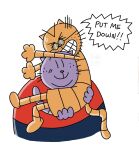 2025 angry anthro big_jim_(dog_man) carrying_another dialogue dog_man_(series) domestic_cat duo english_text eyes_closed eyewear felid feline felis glasses grampa_(dog_man) hi_res male mammal ohmeowgerd overweight simple_background smile text white_background
