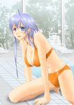  asymmetrical_hair bikini blue_eyes blue_hair chair drain_(object) fang heterochromia highres lavolpe_(yagisaka_seto) long_hair lounge_chair navel open_mouth orange_bikini original outdoors pool poolside purple_eyes sidelocks solo swimsuit tree water wet yagisaka_seto 