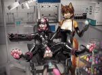 anthro balls bdsm bondage bound canid canine chastity_device domestic_cat duo egg egg_insertion eleode felid feline felis female genitals hair hi_res latex male mammal pawpads spread_legs spreading