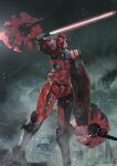  arm_up bit_(gundam) embers energy_sword full_body glowing glowing_eyes gundam gundam_gquuuuuux holding holding_shield holding_sword holding_weapon mecha mecha_focus miso_katsu mobile_suit no_humans purple_eyes red_gundam robot science_fiction shield standing sword v-fin weapon 