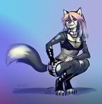  breasts canine collar crouching female goth hair mammal pink pink_hair pocketwolverine punk rockin solo wolf 