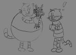 2025 anthro big_jim_(dog_man) biped blush clothed clothing dog_man_(series) domestic_cat duo exclamation_point eyewear felid feline felis flower glasses grampa_(dog_man) hi_res male mammal monochrome ohmeowgerd overweight plant simple_background standing surprised