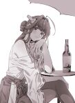  1girl ahoge bare_shoulders blush bottle closed_mouth crossed_legs cup eyelashes greyscale hair_bun hakama hakama_skirt headgear highres holding holding_cup ikarin japanese_clothes kantai_collection kongou_(kancolle) long_hair looking_at_viewer monochrome nontraditional_miko ribbon-trimmed_sleeves ribbon_trim simple_background sitting skirt solo table wide_sleeves 