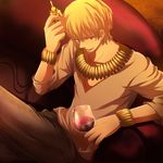  alcohol bad_id bad_pixiv_id blonde_hair bracelet casual chess_piece couch cup drinking_glass fate/zero fate_(series) gilgamesh jewelry lopc male_focus necklace red_eyes solo v-neck wine wine_glass 