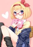  bespectacled blonde_hair blue_eyes book glasses hair_ornament hair_ribbon hairclip holding holding_book kagamine_rin looking_at_viewer ribbon school_uniform short_hair sitting solo vocaloid yayoi_(egoistic_realism) 