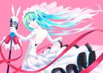  aqua_eyes aqua_hair bare_shoulders dress elbow_gloves flower gloves hatsune_miku long_hair looking_back microphone microphone_stand open_mouth ribbon rose sira-kura solo twintails veil very_long_hair vocaloid wedding_dress white_dress 