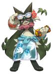 3_fingers 3_toes ambiguous_gender anthro barefoot beach_style_meowscarada bracelet claws digitigrade dumbbell eyewear eyewear_on_head feet finger_claws fingers flower_(anatomy) flower_accessory fur generation_9_pokemon green_body green_fur jagged_mouth jewelry makotoo mask meowscarada nintendo open_mouth pawpads paws pink_eyes pink_nose pink_pawpads pokemon pokemon_(species) pokemon_unite sarong simple_background solo standing sunglasses sunglasses_on_head toes weights white_background