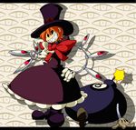 avata bomb boots bow dress eye_socket eyes gloves grin hat lenny_the_bomb mechanical_arms no_pupils orange_hair peacock_(skullgirls) pointing pointing_at_viewer purple_dress sharp_teeth sitting skullgirls smile standing teeth top_hat white_gloves 