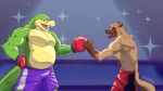 belly bottomwear boxing boxing_gloves boxing_shorts brok_(brok_the_investigator) brok_the_investigator bruised clothing cowcat_games crocodile crocodilian fist_bump gesture handwear hi_res hyena male mammal muscular open_mouth reptile ring scalie shorts sport spotted_hyena yarem4