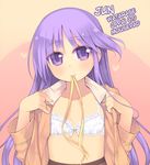  bra crossdressing happiness happiness! hard_translated heart kashiwamochi_yomogi lingerie long_hair mouth_hold open_clothes open_shirt pantyhose purple_eyes purple_hair shirt smile translated trap underwear watarase_jun white_bra 