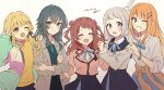  5girls ;d ^_^ anniversary black_bow black_skirt blazer blonde_hair blue_overskirt blue_ribbon blue_skirt blush bow braid brown_cardigan brown_hair brown_jacket cardigan cardigan_around_waist chain chain_bracelet closed_eyes clothes_around_waist coat commentary_request dated fang fujita_kotone gakuen_idolmaster green_eyes green_shirt grey_coat grey_hair grin gyaru hair_bow hair_flaps hair_ribbon half_up_braid hanami_saki hatsuboshi_gakuen_school_uniform highres idolmaster jacket katsuragi_lilja kogal long_hair mole mole_under_eye multicolored_jacket multiple_girls neck_ribbon one_eye_closed orange_hair ribbon ribbon_braid school_uniform shirt shiun_sumika short_hair simple_background skin_fang skirt smile straight_hair tsukimura_temari twin_braids two_side_up v very_long_hair white_background white_shirt yellow_shirt yff25147 