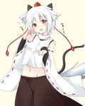  animal_ears bare_shoulders bridal_gauntlets cat_ears cat_tail detached_sleeves extra_ears fang groin hat inubashiri_momiji multiple_tails paw_pose ryoulove15 short_hair silver_hair solo tail tokin_hat touhou wolf_ears wolf_tail 