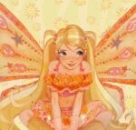  1girl bare_shoulders believix blonde_hair blush boots brown_eyes commentary crop_top english_commentary fairy fairy_wings feet_out_of_frame frilled_shirt frilled_skirt frilled_sleeves frills gloves hair_ornament happy highres knee_boots knees_apart_feet_together lipstick long_hair looking_to_the_side magical_girl makeup midriff miniskirt mixed_media navel off-shoulder_shirt off_shoulder orange_shirt orange_skirt parted_lips pink_gloves pink_sports_bra puffy_short_sleeves puffy_sleeves red_lips shirt short_sleeves signature sitting skirt skirt_set smile solo sports_bra star_(symbol) star_hair_ornament stardust_axel stella_(winx_club) sun_symbol swept_bangs teeth two_side_up vertical-striped_background very_long_hair wings winx_club yellow_background yellow_boots yellow_wings 